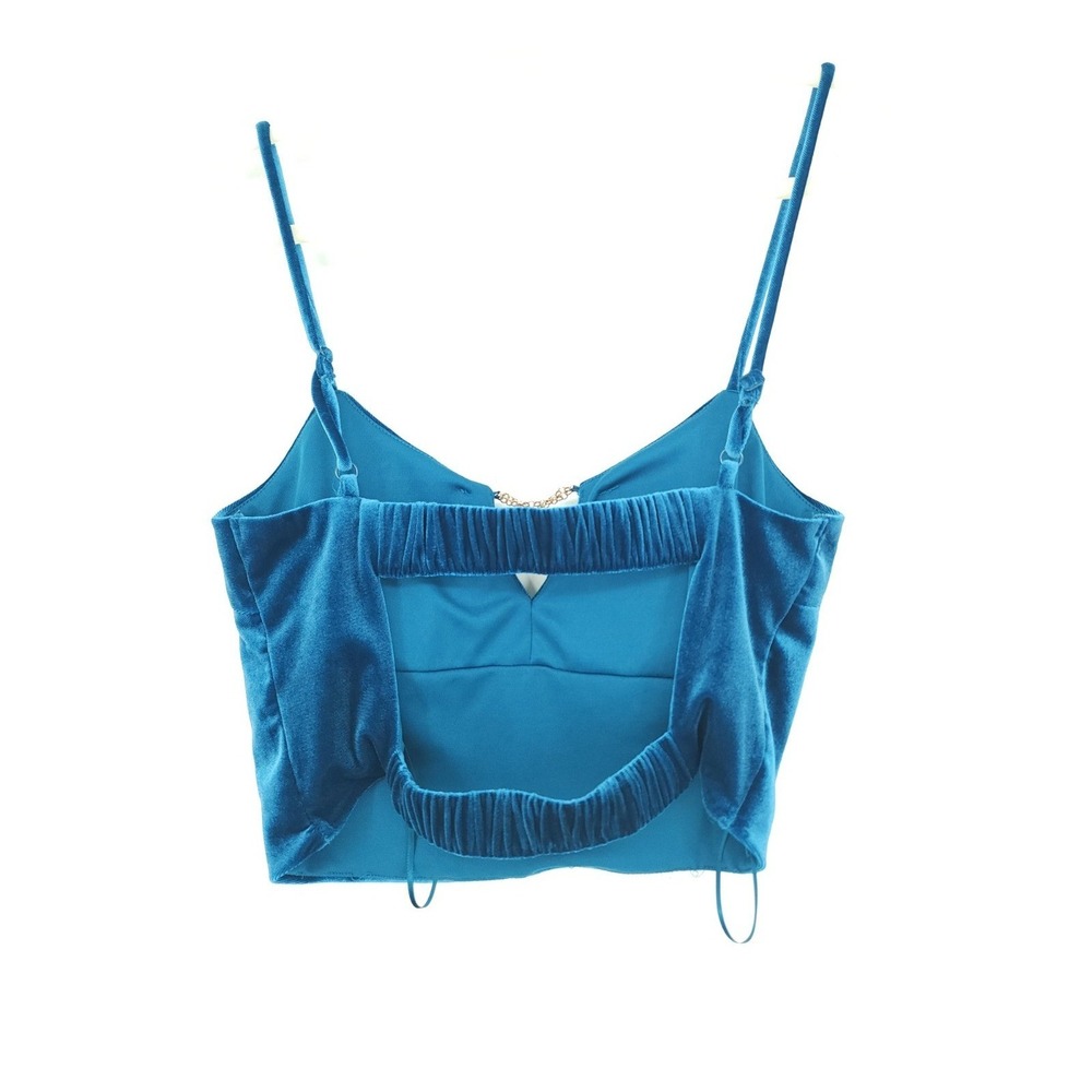 Meraki Women L Modern Glam Festival Velvet Crop Top Teal Blu Elastic Back Chains - Picture 5 of 8